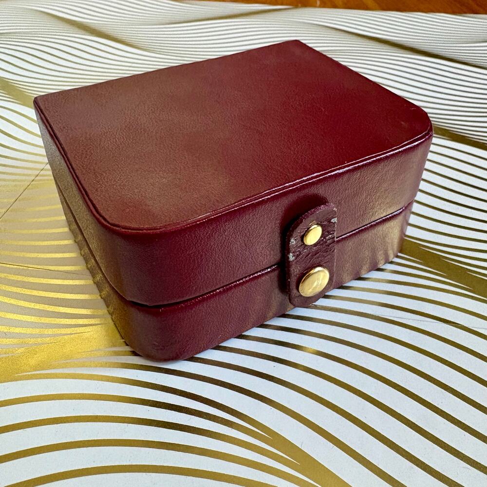 Vintage Burgundy Travel Jewelry Case Ring Roll Faux Leather Box